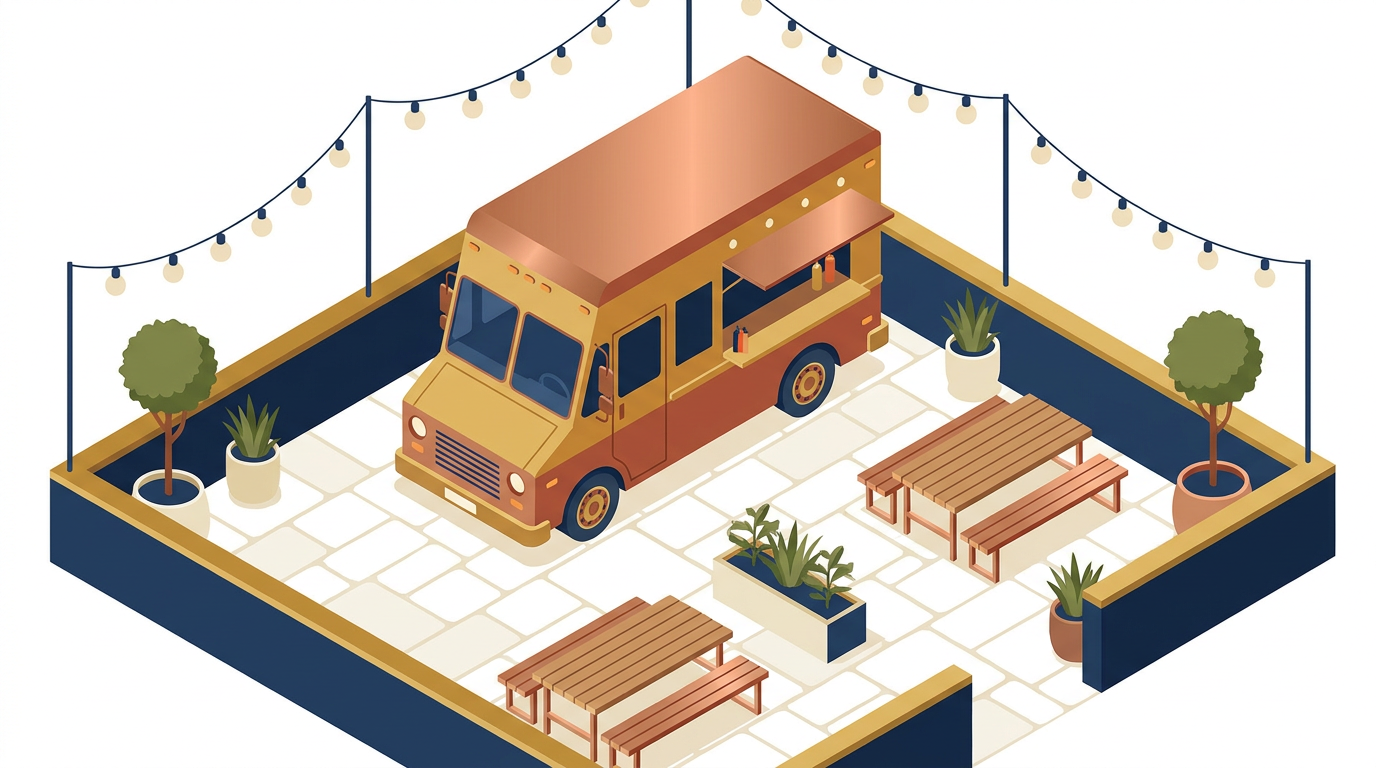 Isometric illustration of an outdoor courtyard with a food truck